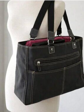 Black Tote Bag Pink Lining | Padded Laptop Sleeve | Multi Pocket Work Travel Bag